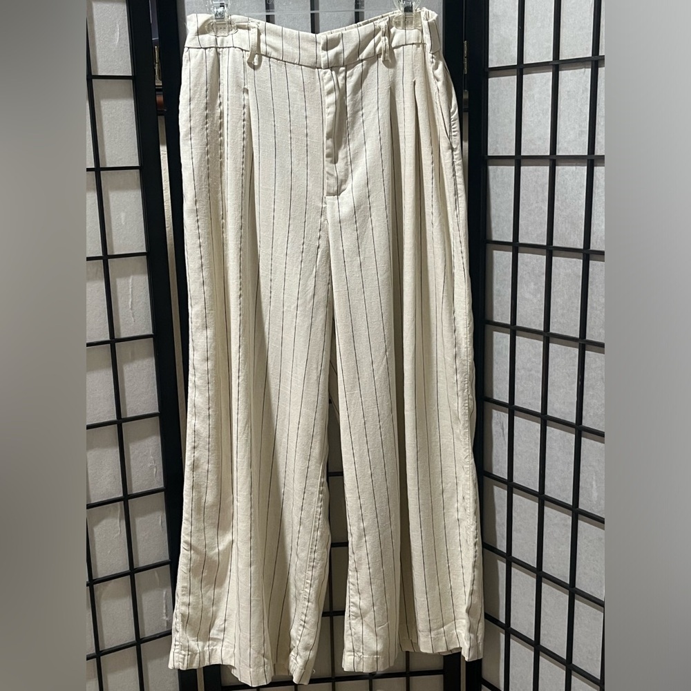BLENCA Young Contemporary Linen-Blend STRIPE wide LEG PANTS in Natural WOMEN XL